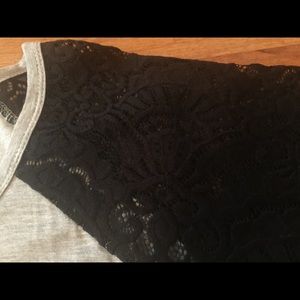 Gray top with black lace sleeves, size L